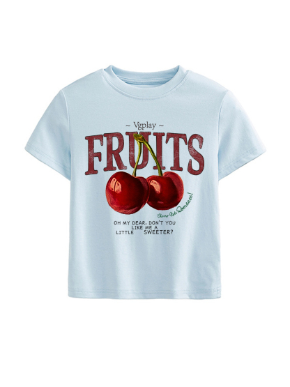 Cherry Printed High Waist Waist-Defining Essential Short-sleeve Top For Women