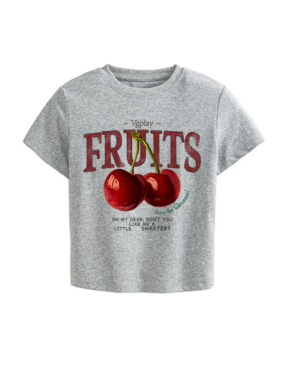 Cherry Printed High Waist Waist-Defining Essential Short-sleeve Top For Women