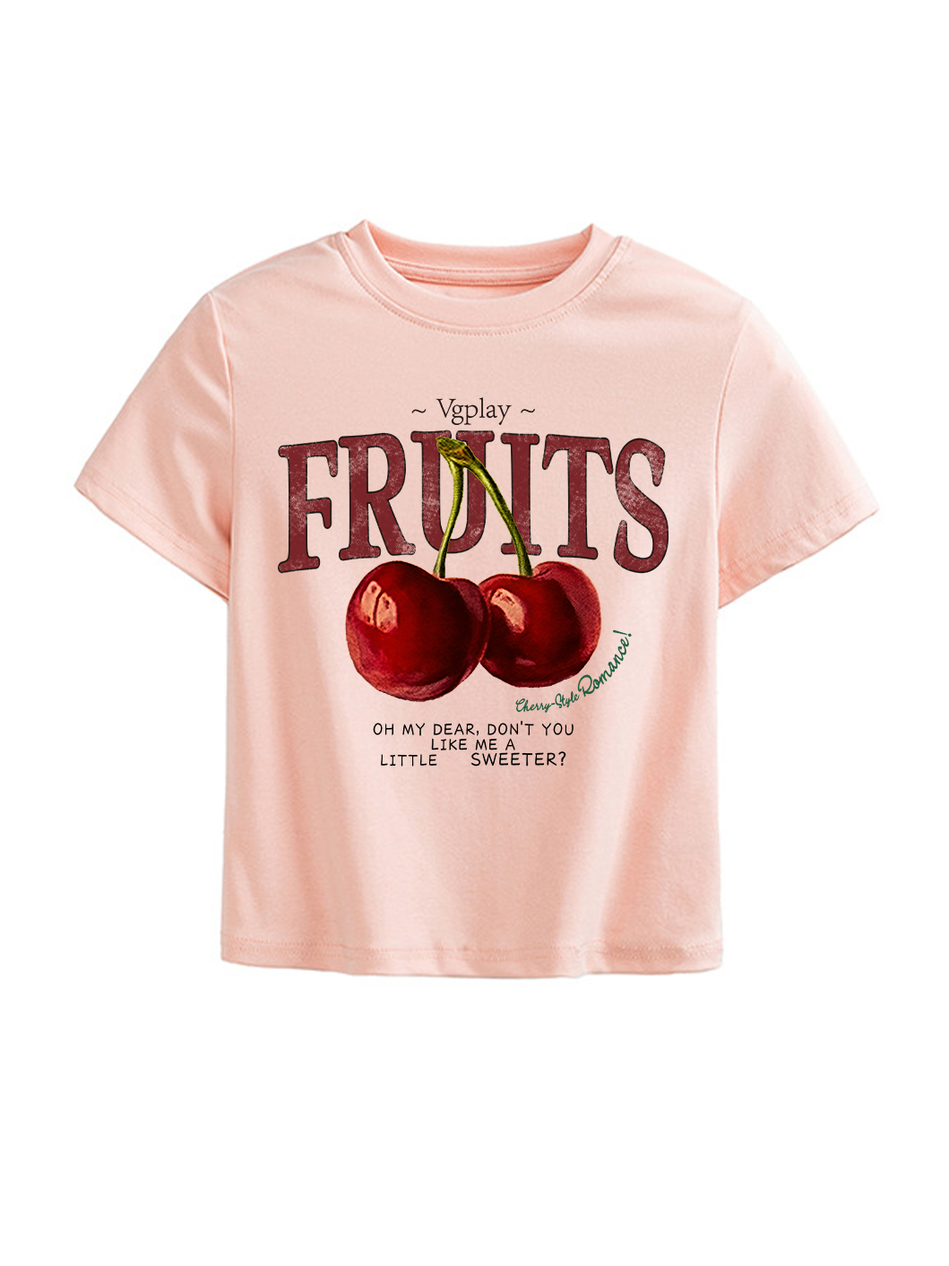 Cherry Printed High Waist Waist-Defining Essential Short-sleeve Top For Women