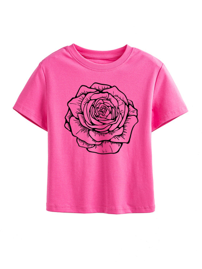 Sketch Flower Printed High Waist Waist-Defining Essential Short-sleeve Top For Women