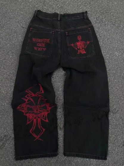 Vintage Washed Y2K Embroidered Hip-hop Pattern Jeans