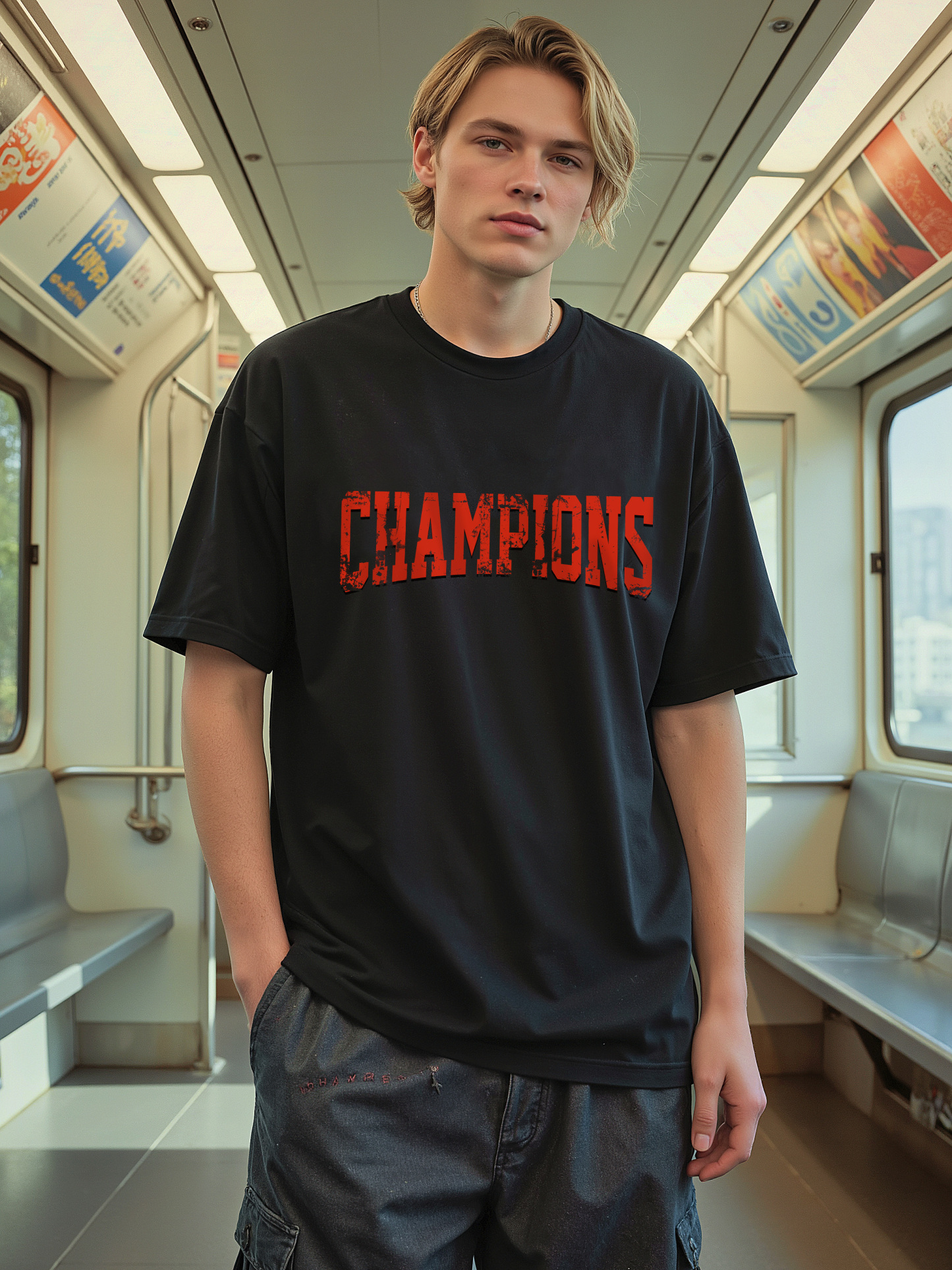 Champion Football Guitar Print Short-sleeved Cotton T-shirt