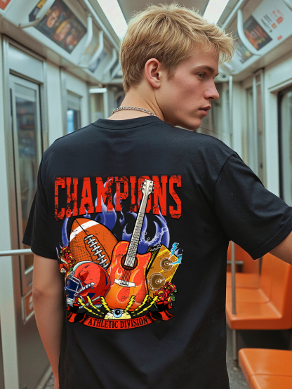 Champion Football Guitar Print Short-sleeved Cotton T-shirt
