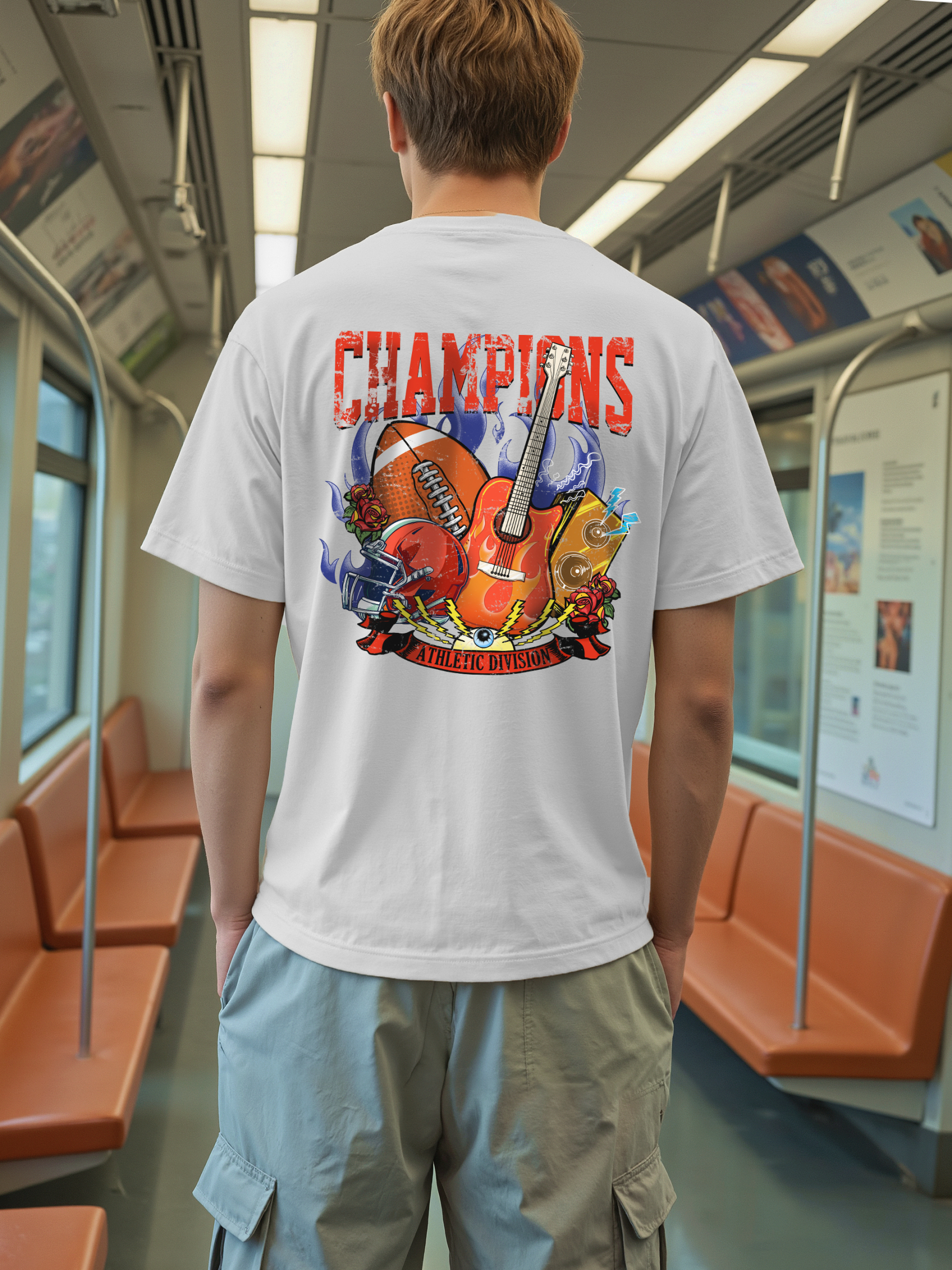 Champion Football Guitar Print Short-sleeved Cotton T-shirt