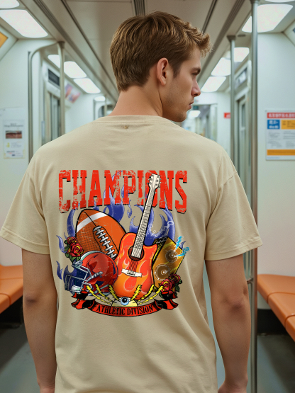 Champion Football Guitar Print Short-sleeved Cotton T-shirt