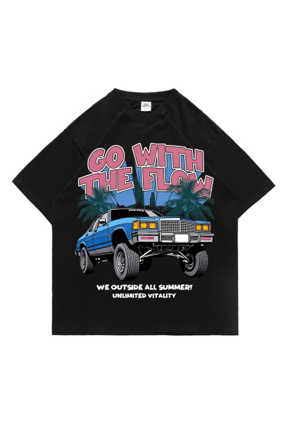 Heavyweight Vintage Automotive Art Print T-shirt for Vacation Style