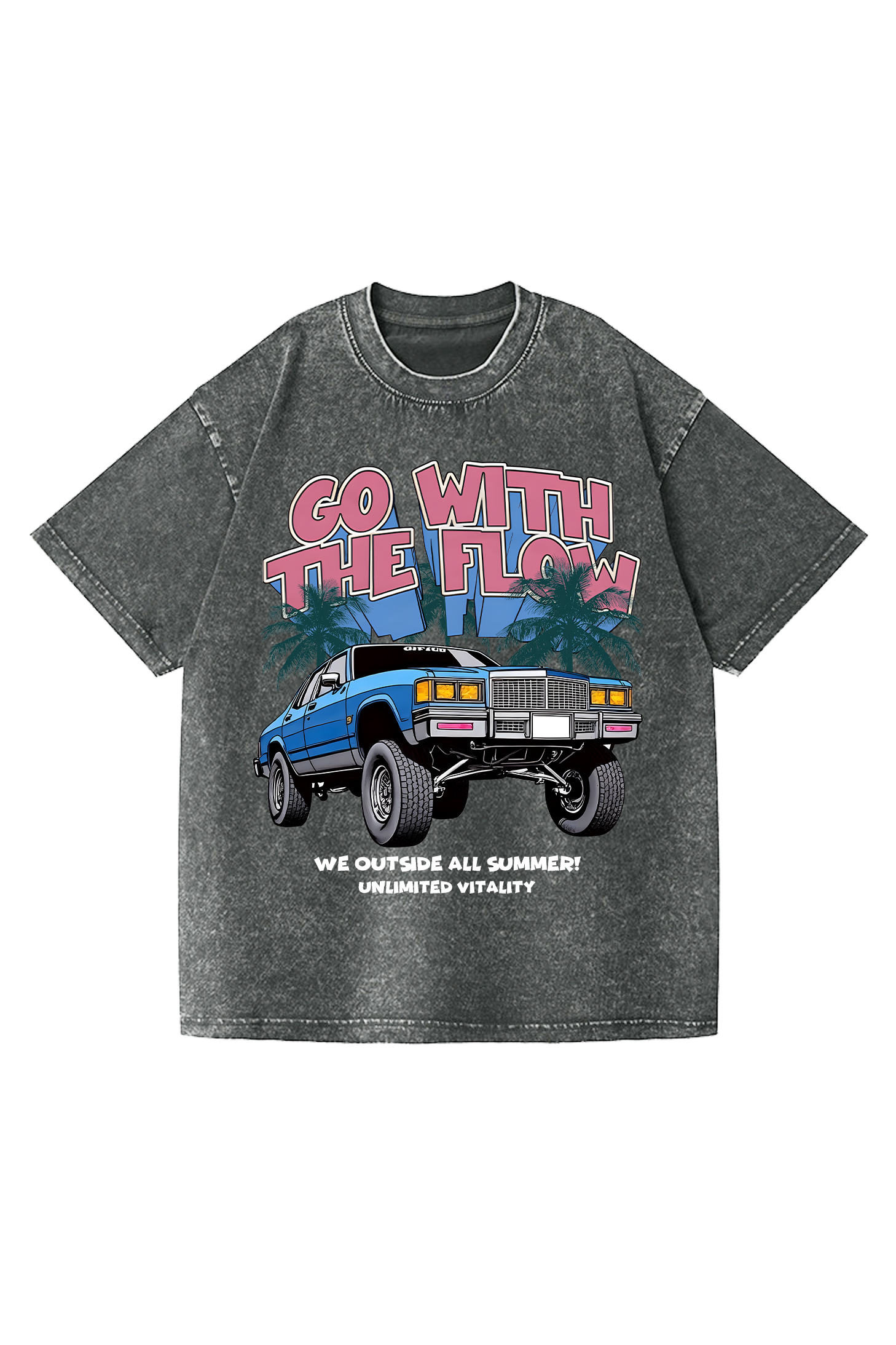 Heavyweight Vintage Automotive Art Print T-shirt for Vacation Style