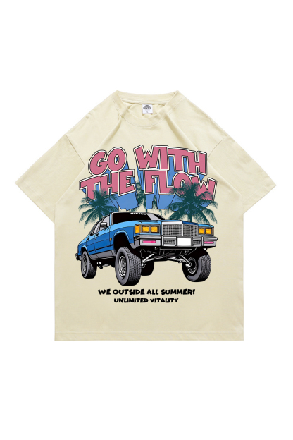 Heavyweight Vintage Automotive Art Print T-shirt for Vacation Style