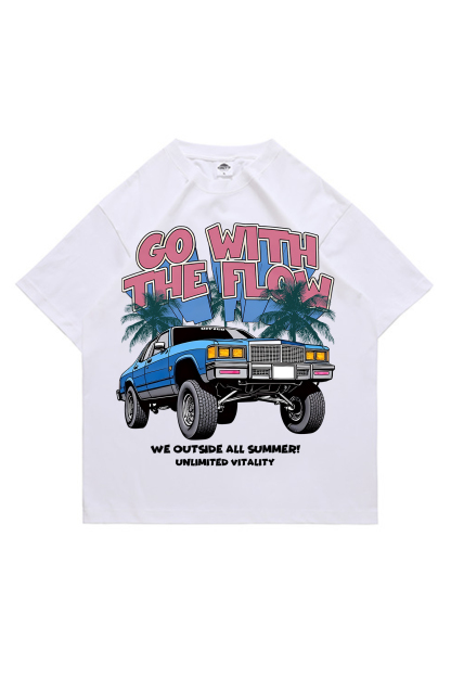 Heavyweight Vintage Automotive Art Print T-shirt for Vacation Style