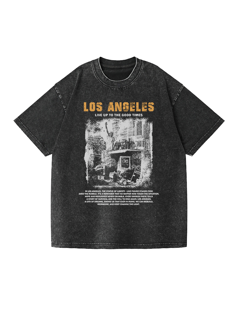 Los Angeles Printed Short-sleeved Washed Cotton T-shirt