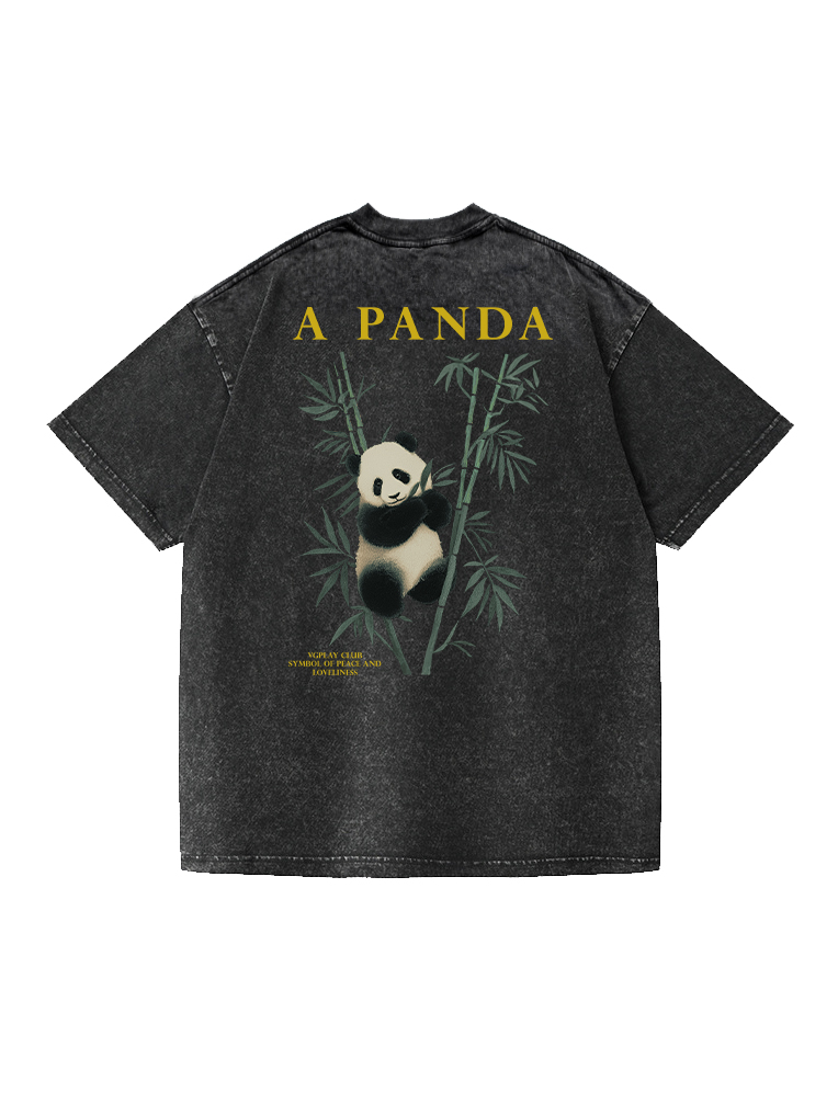 Panda Printed Short-sleeved Washed Cotton T-shirt