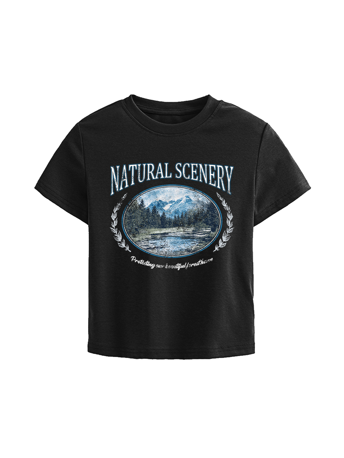 Natural Scenery Printed High Waist Waist-Defining Essential Short-sleeve Top For Women