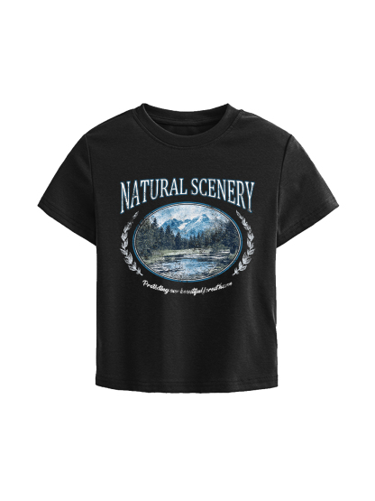 Natural Scenery Printed High Waist Waist-Defining Essential Short-sleeve Top For Women