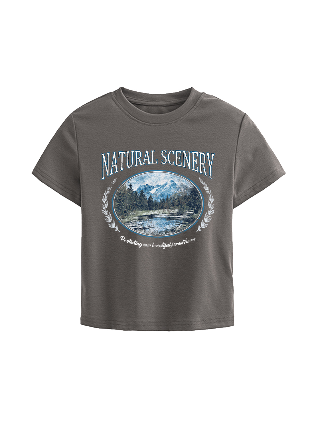 Natural Scenery Printed High Waist Waist-Defining Essential Short-sleeve Top For Women