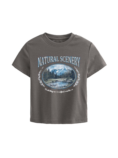 Natural Scenery Printed High Waist Waist-Defining Essential Short-sleeve Top For Women