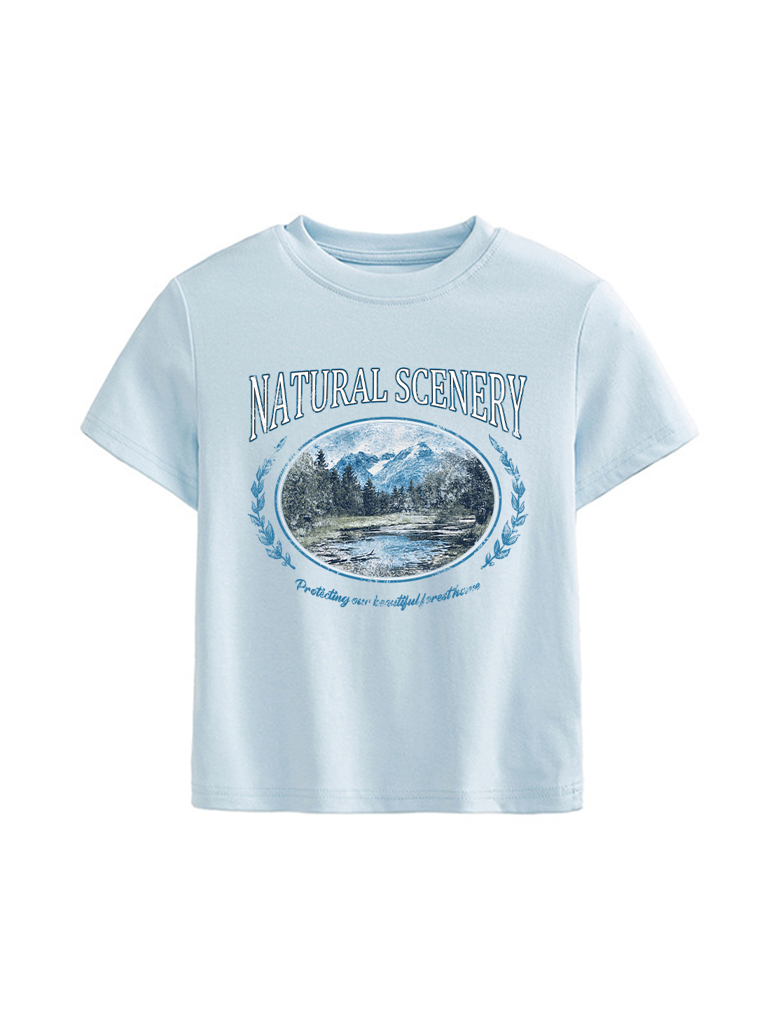 Natural Scenery Printed High Waist Waist-Defining Essential Short-sleeve Top For Women