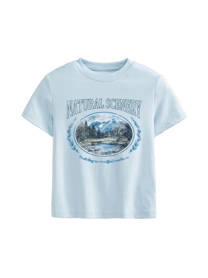Natural Scenery Printed High Waist Waist-Defining Essential Short-sleeve Top For Women