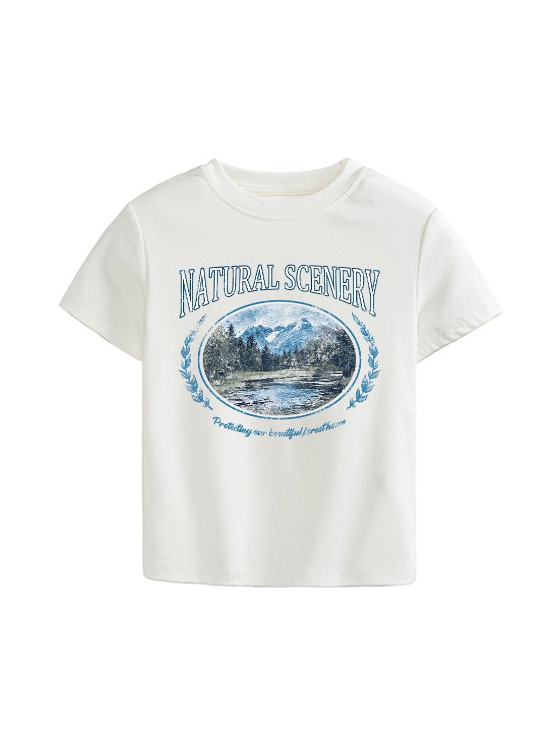 Natural Scenery Printed High Waist Waist-Defining Essential Short-sleeve Top For Women