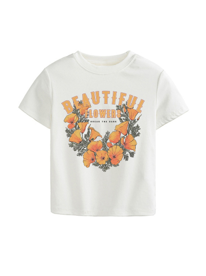 Beautiful Flowers Printed High Waist Waist-Defining Essential Short-sleeve Top For Women