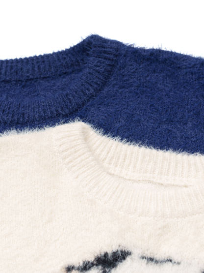 Spring Street Style Dog Embroidery Crewneck Vintage Sweater