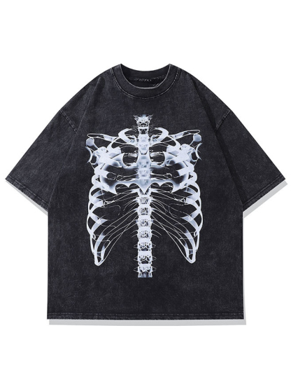 Distressed Skeleton Print Hip-Hop Streetwear T-Shirt
