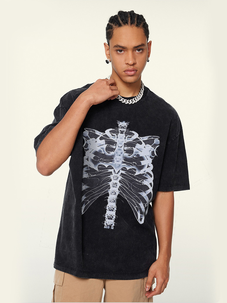 Distressed Skeleton Print Hip-Hop Streetwear T-Shirt