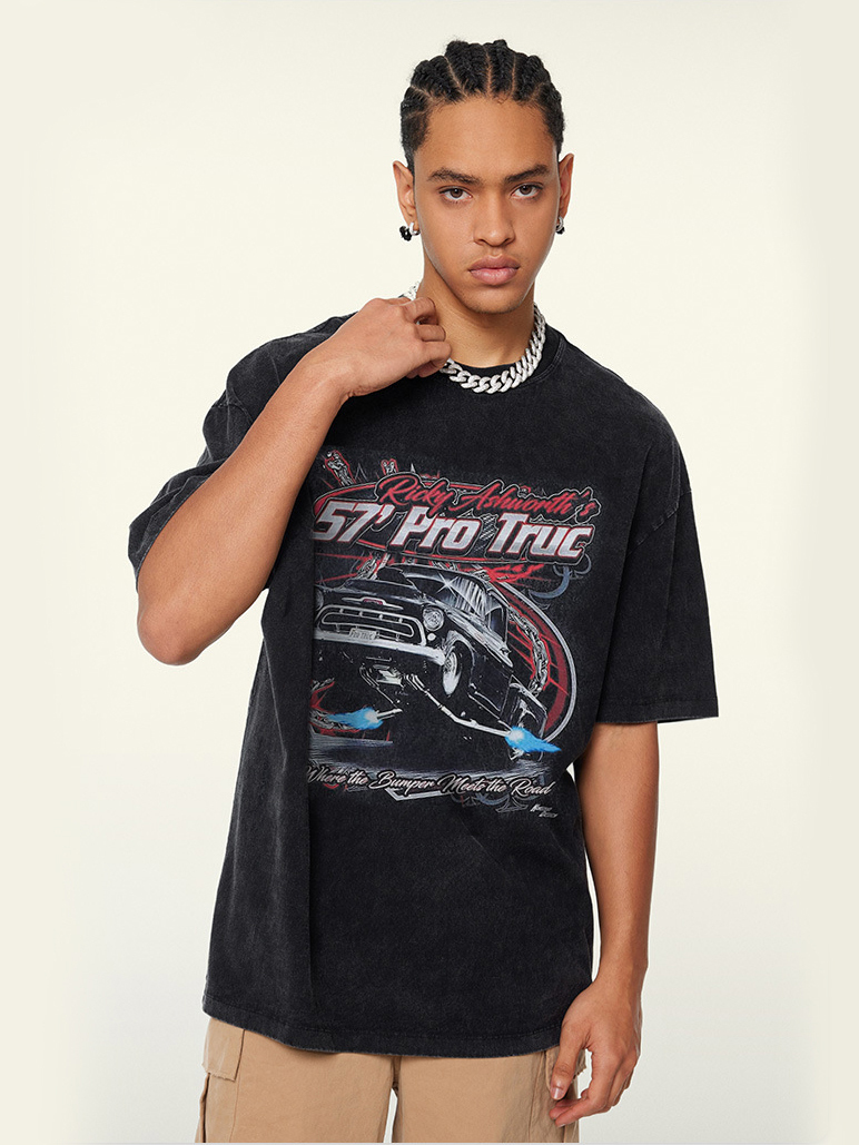 Hiphop Washed Retro Racing Print Short-sleeved T-shirt