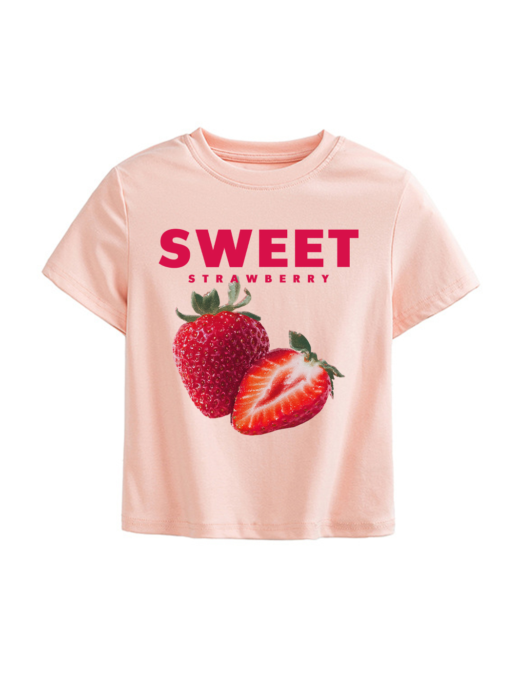 Sweet Strawberry Printed High Waist Waist-Defining Essential Short-sleeve Top For Women
