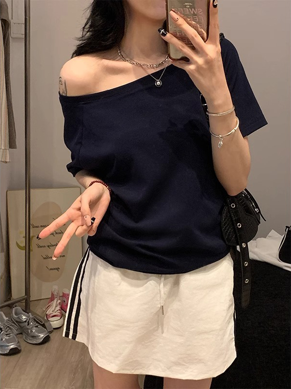 Basic Asymmetric Off Shoulder T-shirt For Women