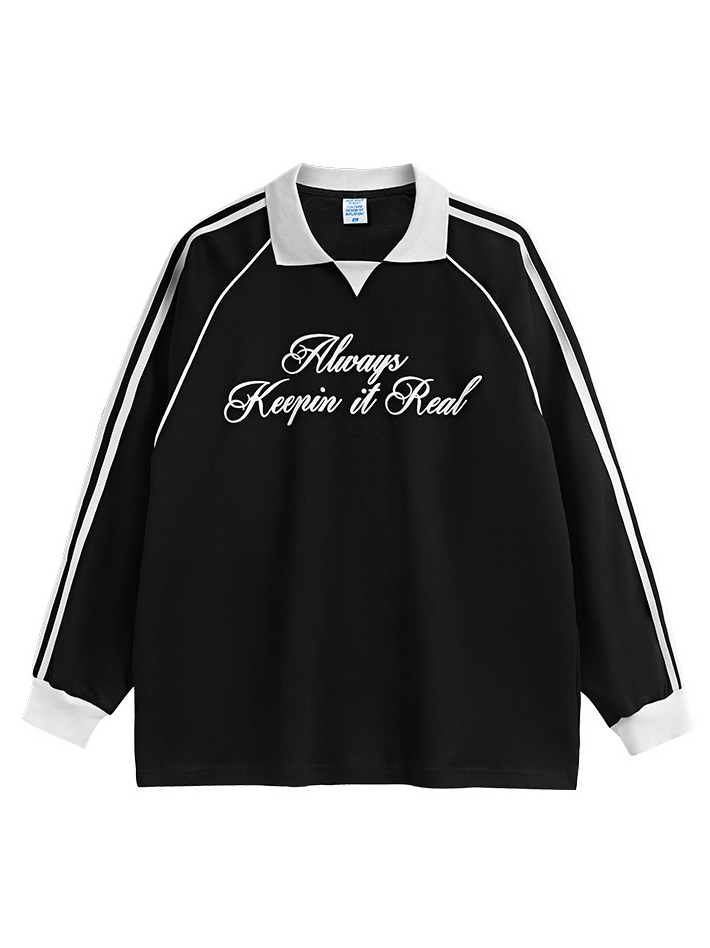 Lapel long-sleeved retro sports style T-shirt