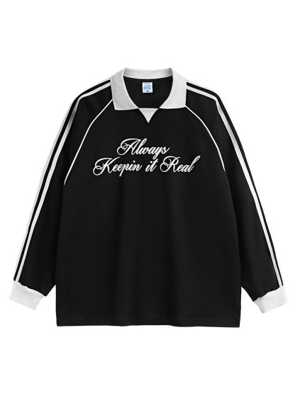 Lapel long-sleeved retro sports style T-shirt