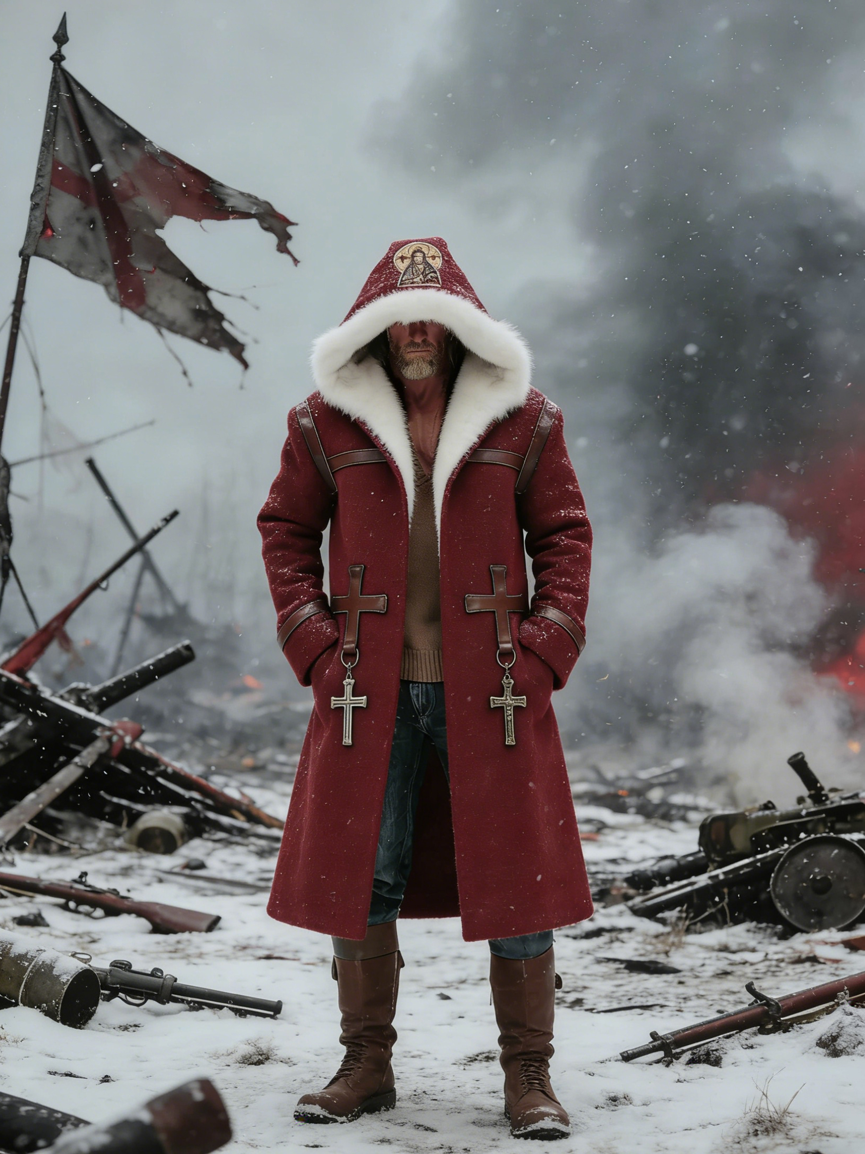 Men's Vintage Crusader-style Patchwork Leather Fur Collar Long Hooded Coat Fur Collar.