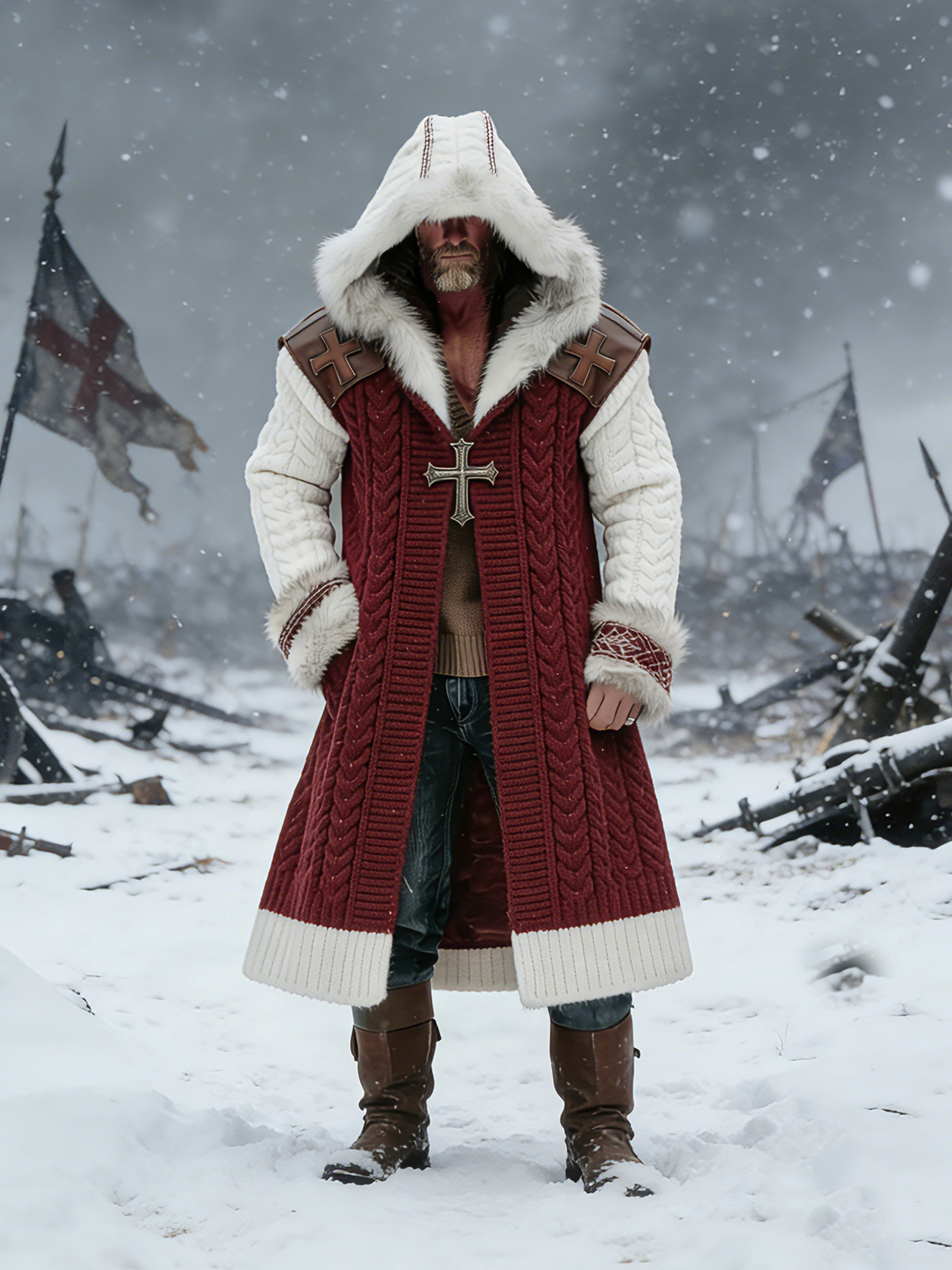 Men's Vintage Crusader-style Long Fur Collar Knitted Hooded Jacket 