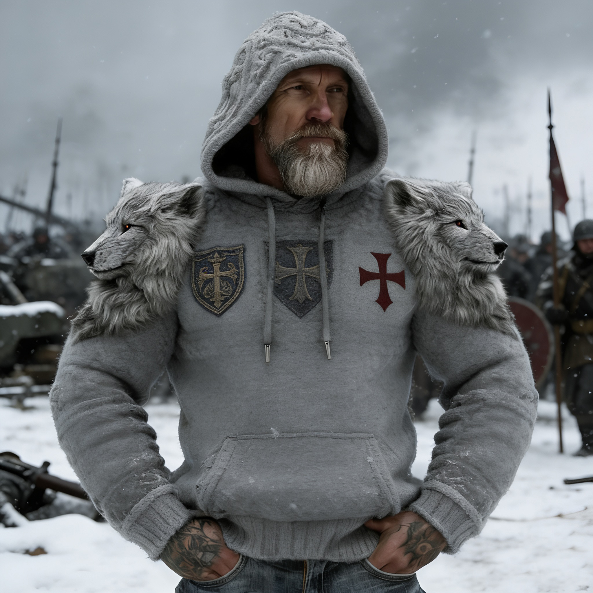 Men's Crusader-style Embroidered Knitted Thick Hooded Sweater