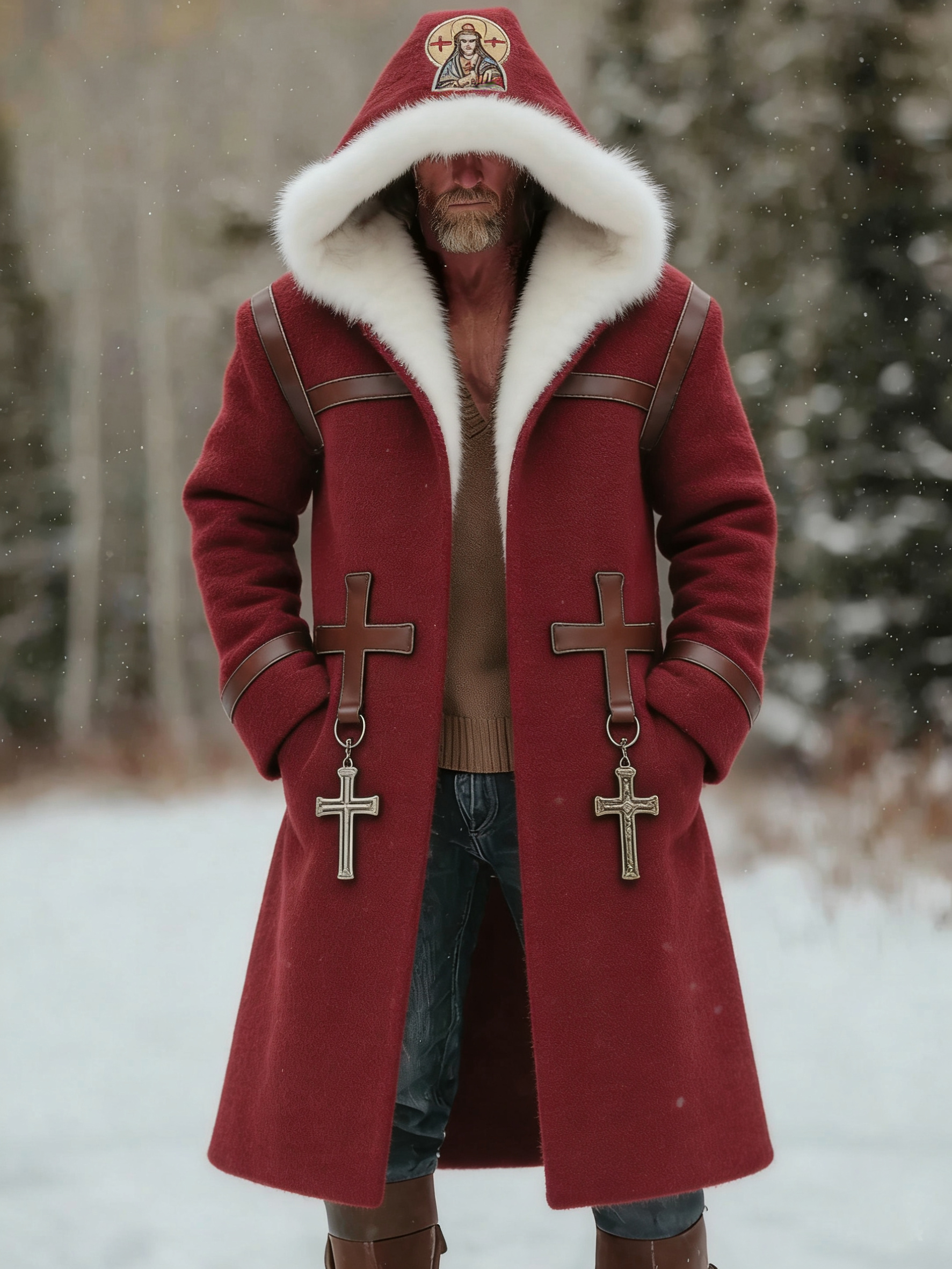 Men's Vintage Crusader-style Patchwork Leather Fur Collar Long Hooded Coat Fur Collar.