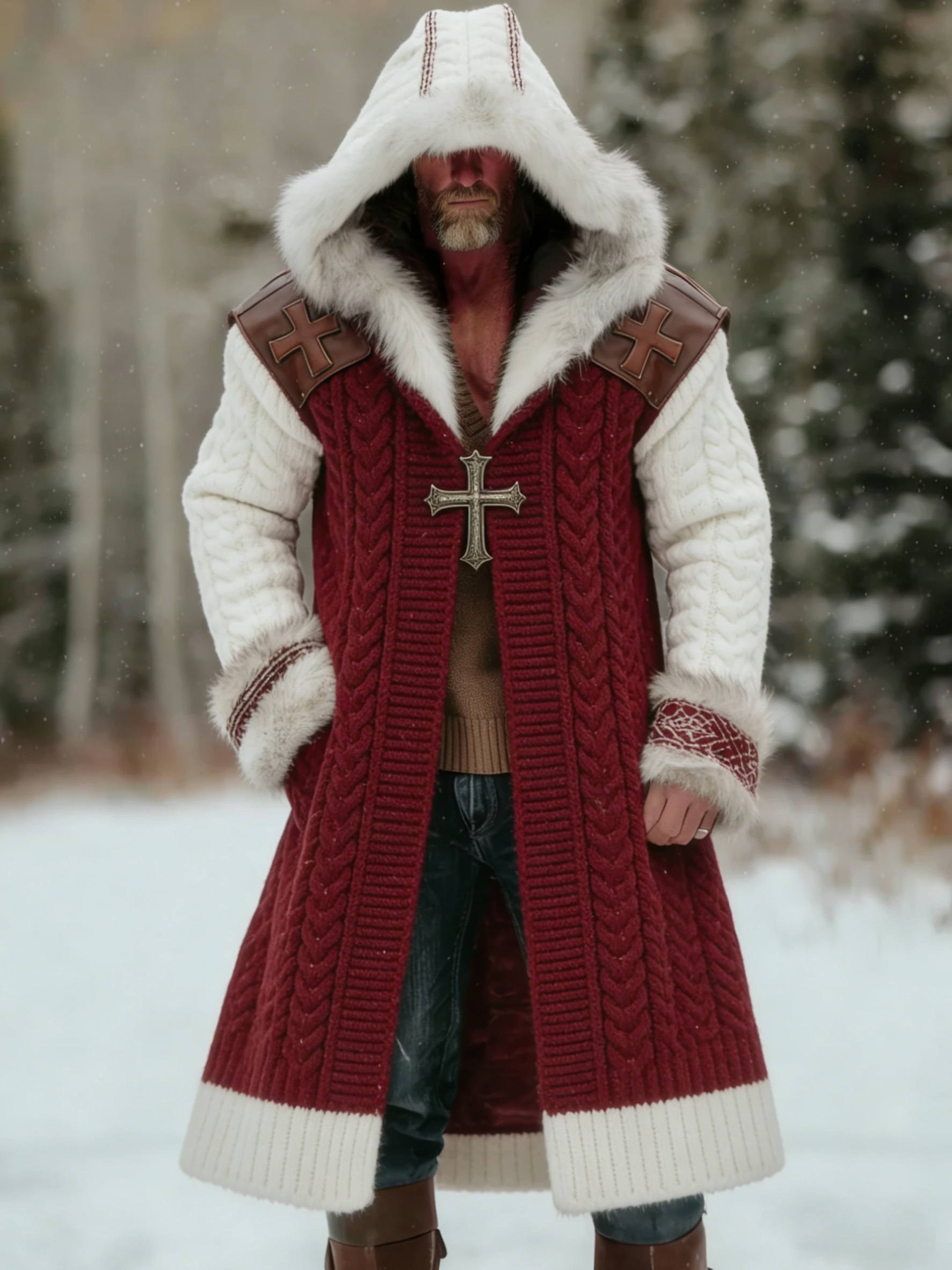 Men's Vintage Crusader-style Long Fur Collar Knitted Hooded Jacket 