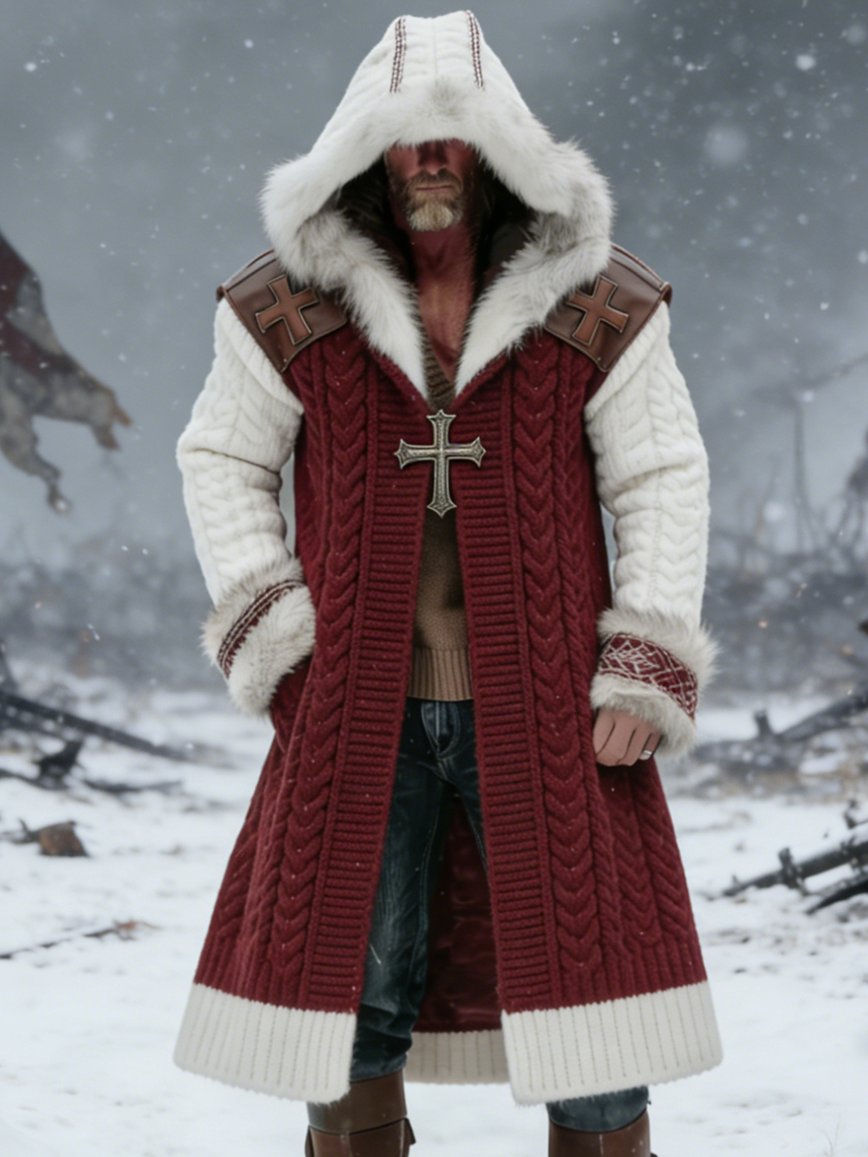 Men's Vintage Crusader-style Long Fur Collar Knitted Hooded Jacket 