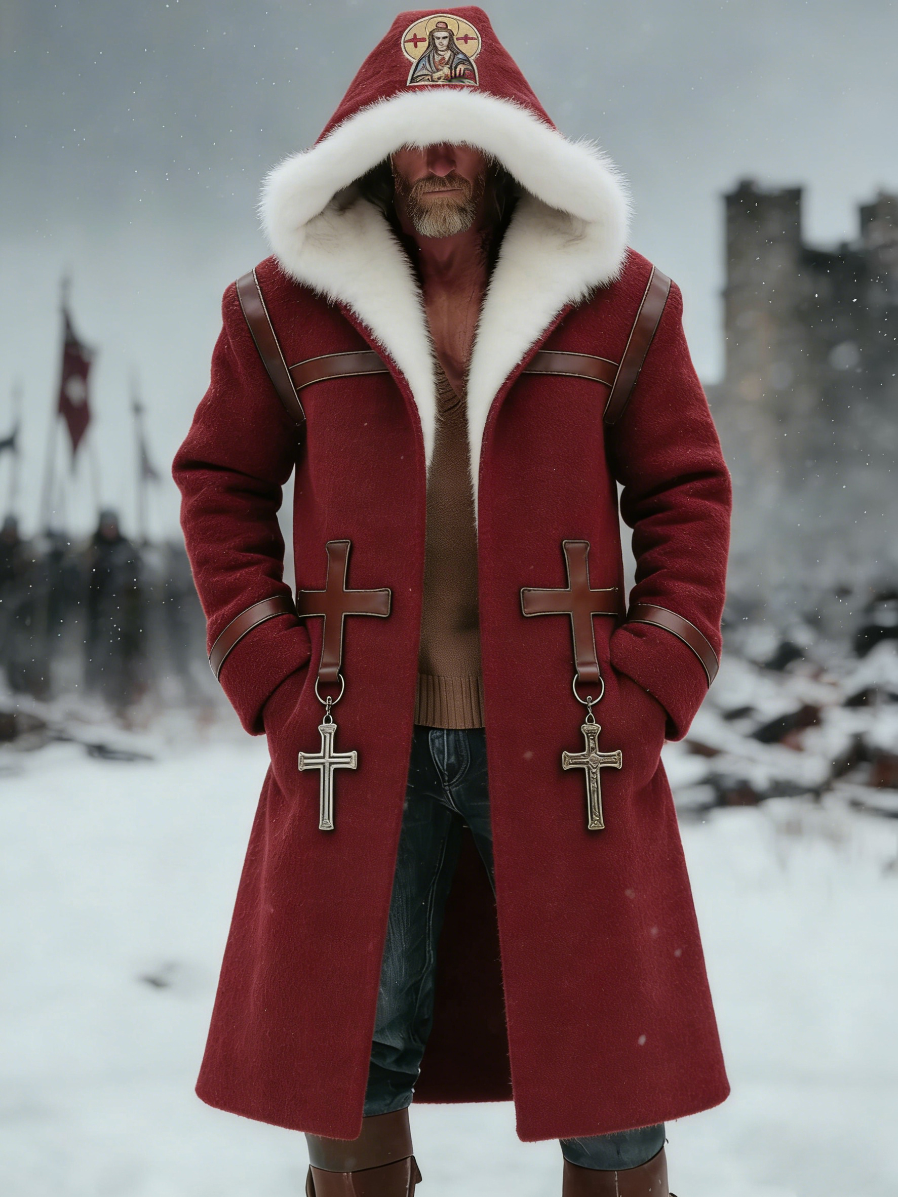 Men's Vintage Crusader-style Patchwork Leather Fur Collar Long Hooded Coat Fur Collar.