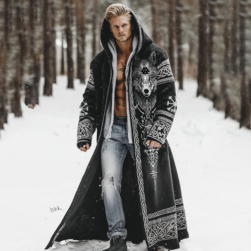 Men's Viking Wolf Runes Celtic Knot Printed Hooded Cardigan