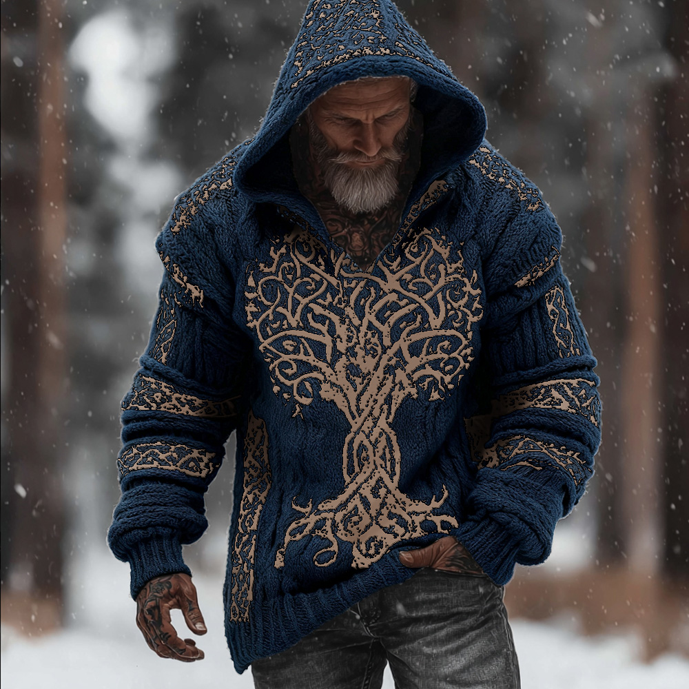 Men's Viking Style Flowering Tree Of Life Warm Thick Needle Hooded Sweater