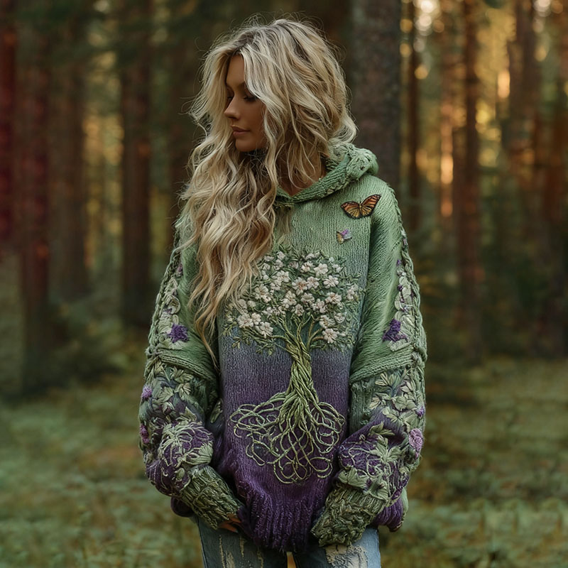 Women's Vintage Viking Tree Of Life Floral Gradient Art Knit Jacquard Hooded Sweater