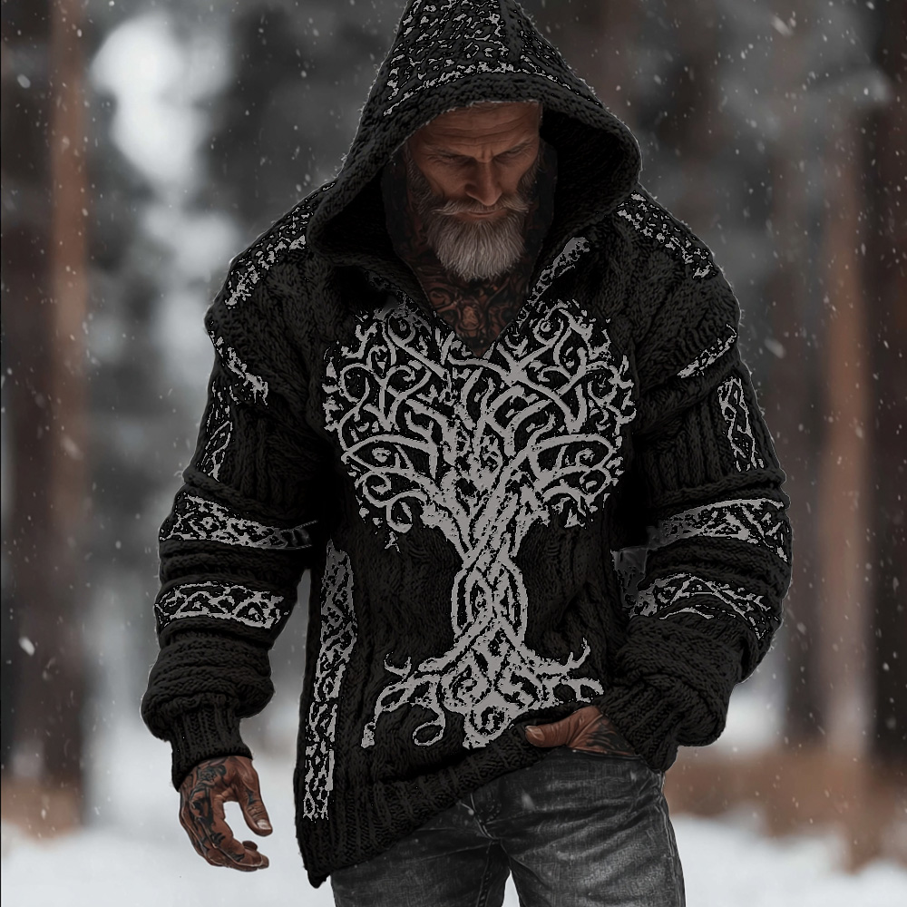 Men's Viking Style Flowering Tree Of Life Warm Thick Needle Hooded Sweater