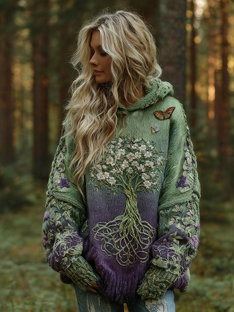 Women's Vintage Viking Tree Of Life Floral Gradient Art Knit Jacquard Hooded Sweater