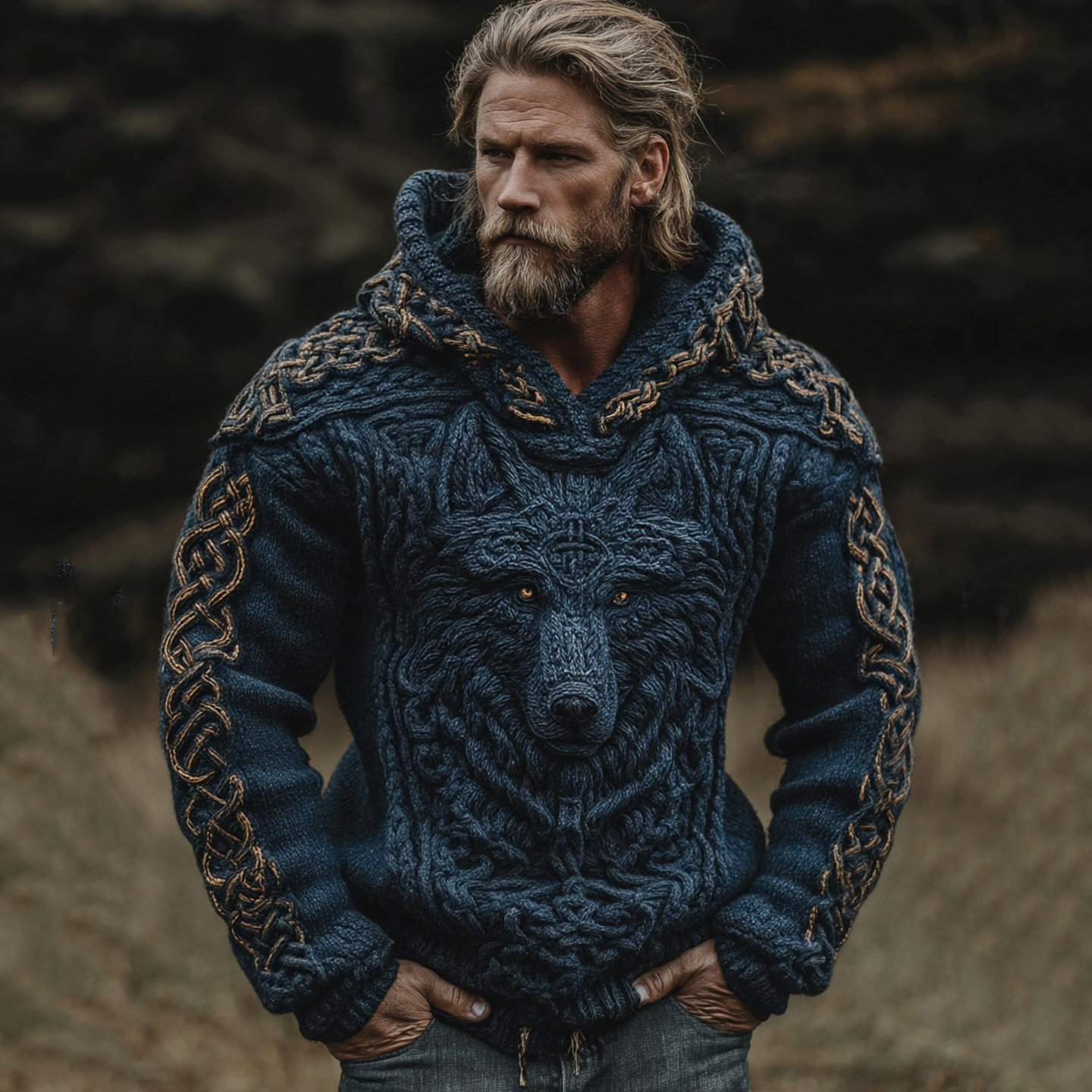 Men's Viking Wolf Celtic Knot Jacquard Knitted Hooded Sweater