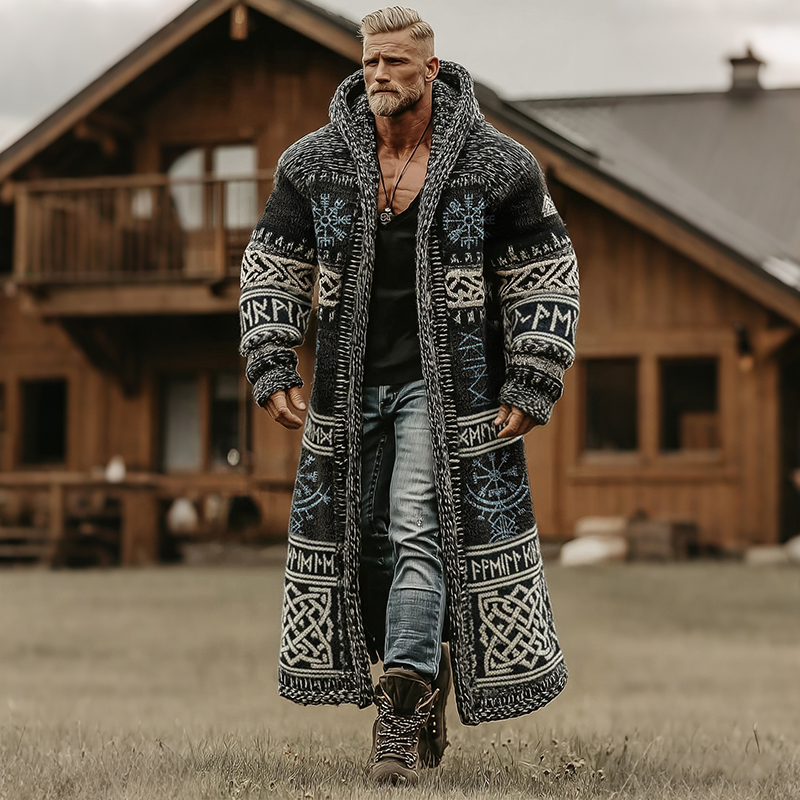 Men's Vintage Viking Celtic Art Pattern Knit Mid-length Sweater Cardigan