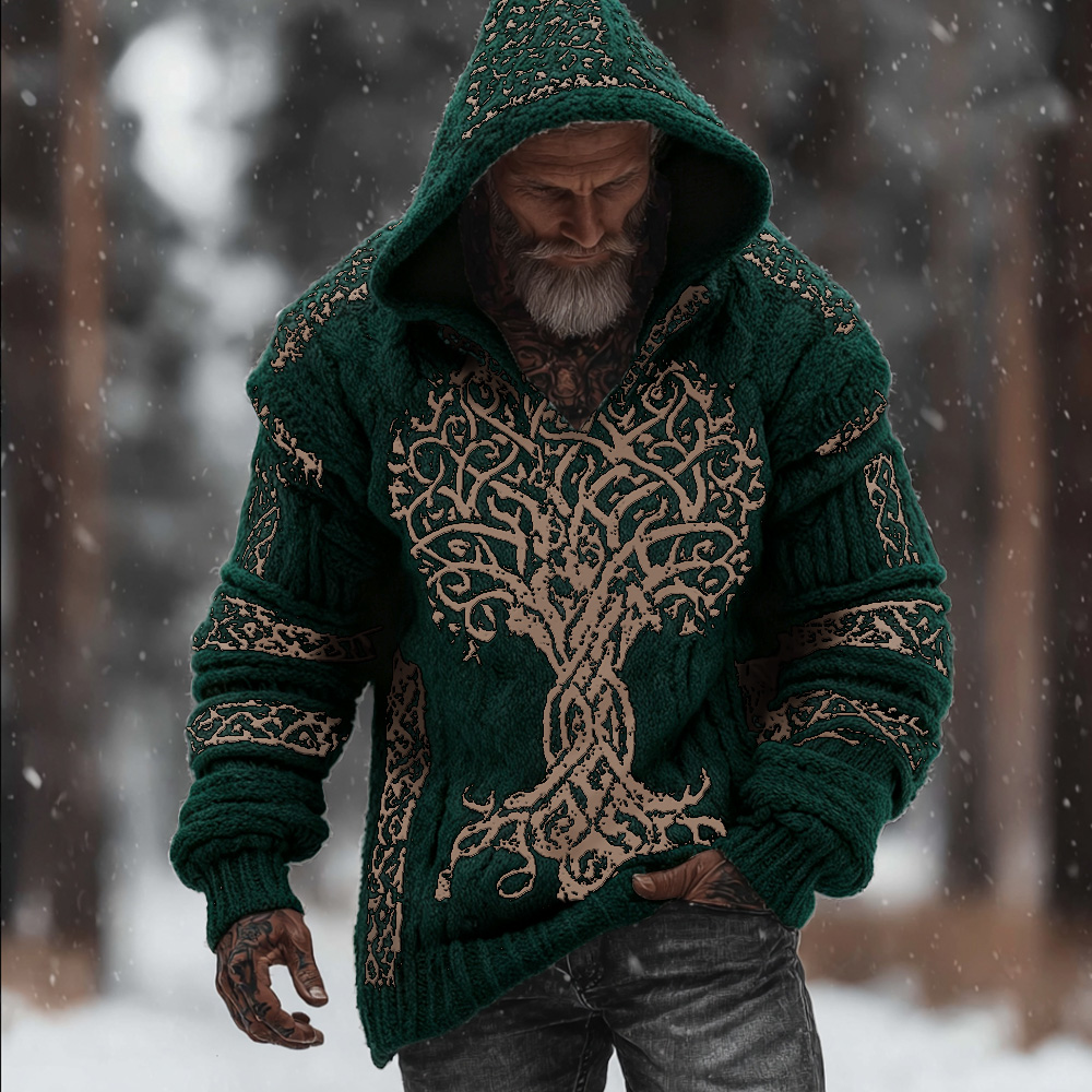 Men's Viking Style Flowering Tree Of Life Warm Thick Needle Hooded Sweater