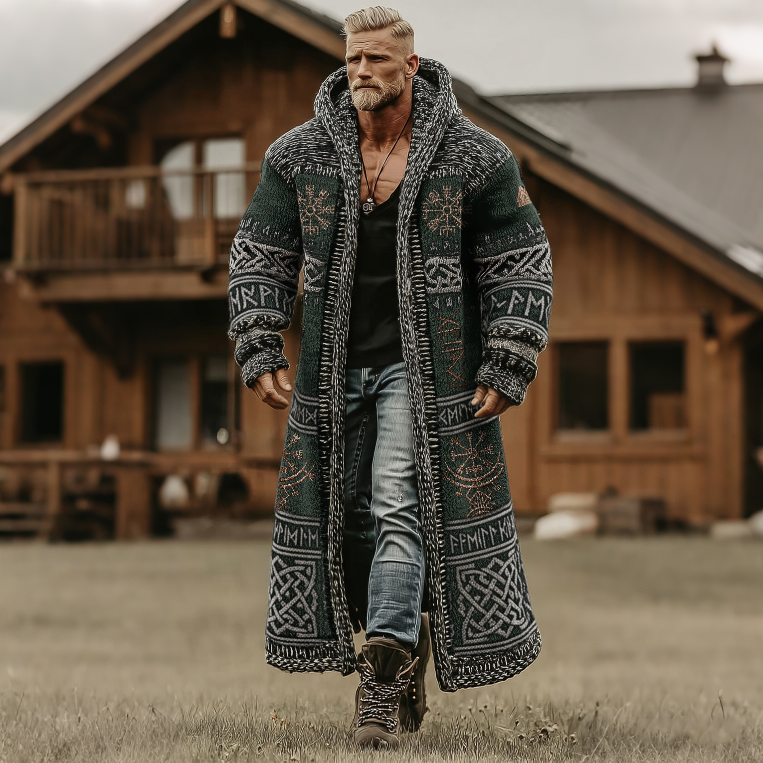 Men's Vintage Viking Celtic Art Pattern Knit Mid-length Sweater Cardigan