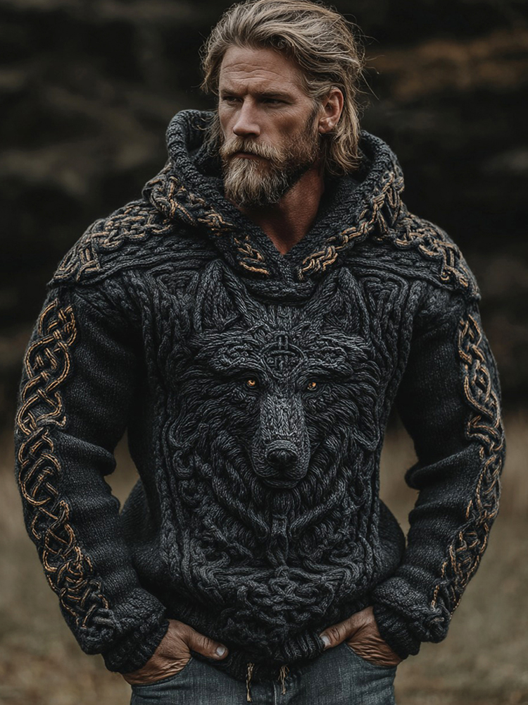 Men's Viking Wolf Celtic Knot Jacquard Knitted Hooded Sweater