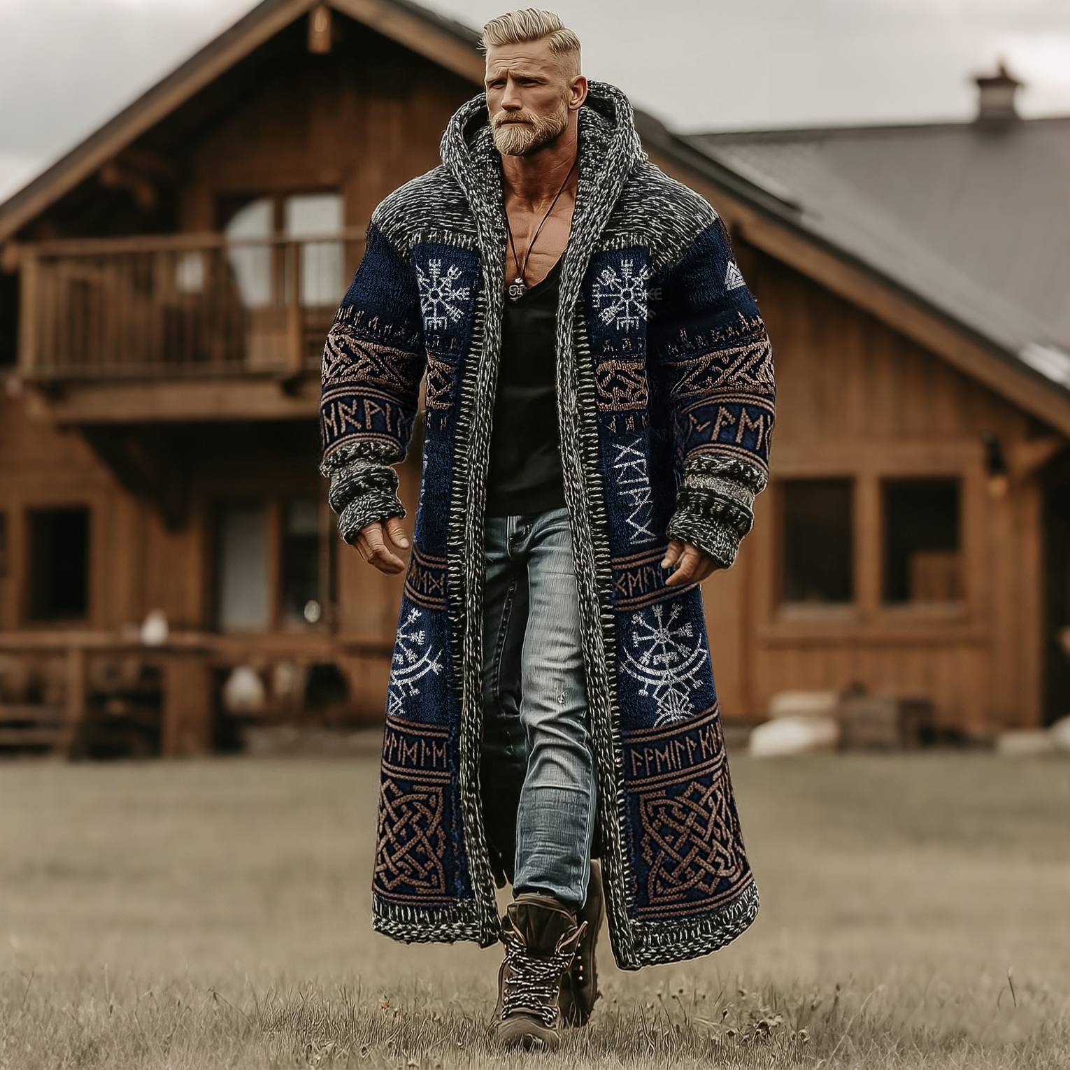 Men's Vintage Viking Celtic Art Pattern Knit Mid-length Sweater Cardigan