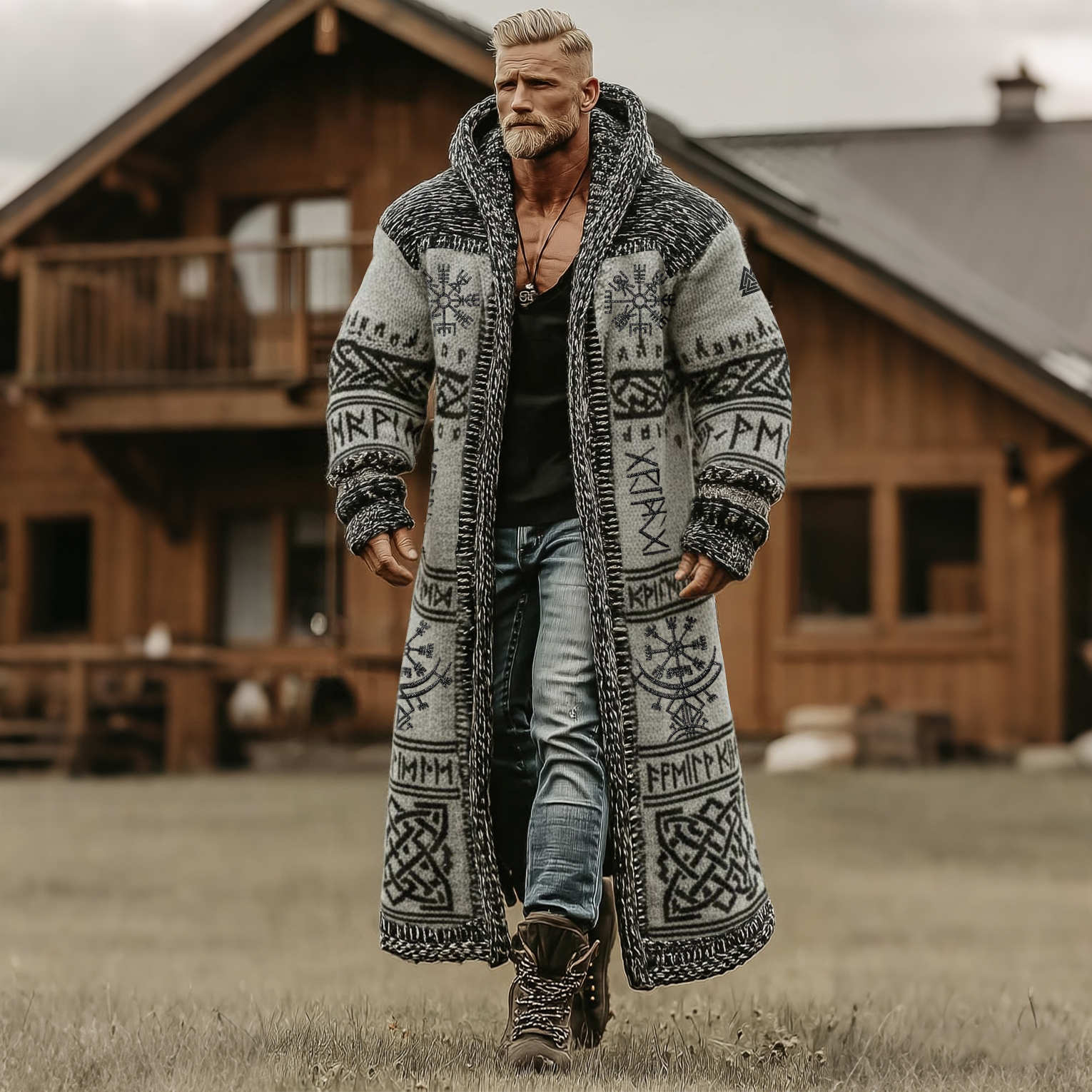 Men's Vintage Viking Celtic Art Pattern Knit Mid-length Sweater Cardigan